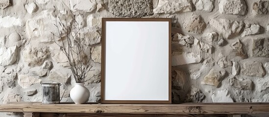 Canvas Print - White picture frame placed against stone background in interior mockup with a wooden frame leaning for perspective, ideal for copy space image.