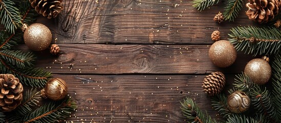 Wall Mural - A background of brown brushed wood with glittering shiny toy balls on fir and spruce pine branches, providing a copy space image.