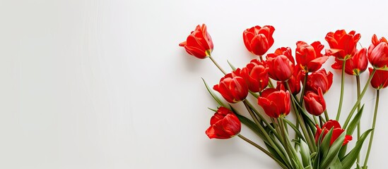 Aufkleber - Elegant arrangement of red tulips in a vase on a white background with copy space image.