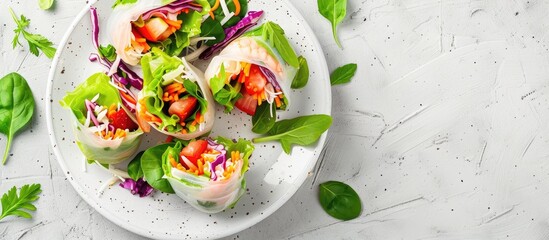 Poster - Healthy and delicious salad rolls served on a white plate, perfect as an appetizer or meal, displayed in a copy space image.