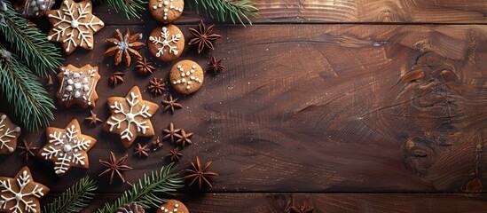 Sticker - Christmas menu background with cookies, fir branches, and decorations arranged on an aged wooden table, captured from above and featuring a copy space image.