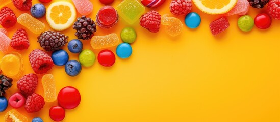 Sticker - A variety of colorful candies arranged on a vibrant background in a flat lay style with a top view, forming a border around a copy space image.