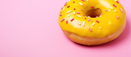 Sticker - Close-up of a pink doughnut on a vibrant yellow backdrop with ample copy space image.