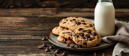 Poster - Freshly baked chocolate chip cookies on a plate with a bottle of fresh milk, with copy space image.