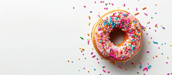 Poster - Glazed donut on a white background with copy space image.