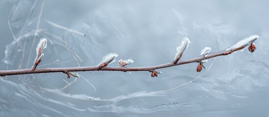 Wall Mural - A willow branch against thawing lake ice in early spring - depicts spring theme with space for text, copy space image.