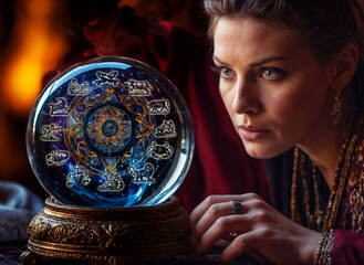 Wall Mural - mysterious woman looking at crystal ball with zodiac signs like modern astrologer or fortune teller concept