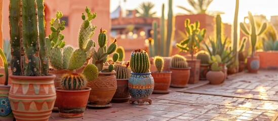 A picturesque scene featuring a row of cacti in terracotta pots on a sun-drenched Moroccan rooftop garden, perfect for showcasing Africa tourism in travel ads with a copy space image and no people.