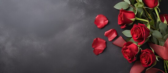 Poster - Top view flat lay of a Valentine's Day greeting card featuring a red rose bouquet atop a dark stone background, providing copy space image for your message.