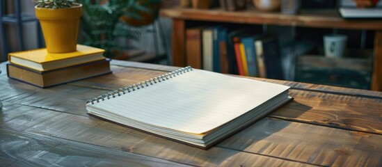 Poster - Desk with a blank spiral notebook page for adding text or messages, with copy space image.