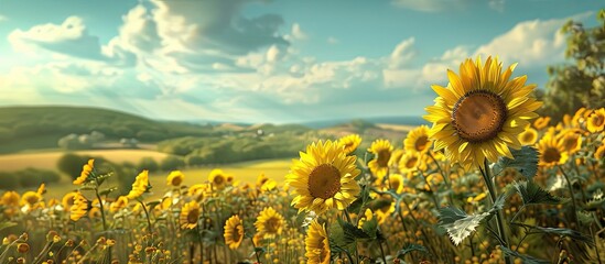 Wall Mural - Sunflowers in a rural setting with a picturesque background perfect for a copy space image.
