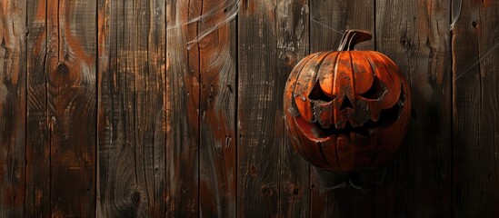 Poster - Wooden background displaying a pumpkin head with a suitable area for additional image or text.