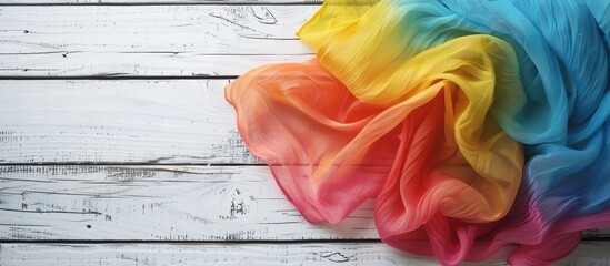 Aufkleber - A colorful fabric napkin lies on a white wooden surface, creating a lovely backdrop for any 'copy space image'.