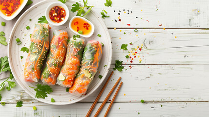 Wall Mural - An overhead shot of colorful spring rolls placed next to a bowl of sauce and chopsticks on a white wooden table