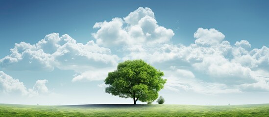 Poster - A small white cloud drifts in the gap between two lush green trees against a blue sky, creating a serene scene with copy space image.