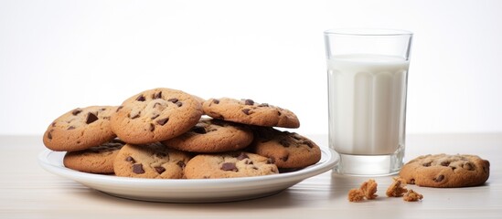 Poster - Delicious chocolate chip cookies on a white plate with milk bottles, against a simple background, creating an inviting copy space image.