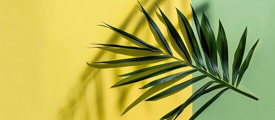 Poster - Summer-themed palm leaf on a yellow and green background, creating a shadow, suitable for a copy space image.