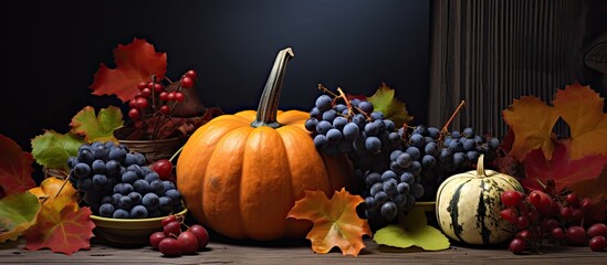 Poster - Dark autumn pumpkin still life composition surrounded by autumn leaves and fruits, featuring copy space image.