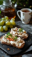 Wall Mural - Two slices of toast topped with cream cheese, tomato, and herbs on a black slate plate