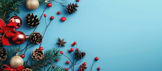 Poster - Blue Christmas background adorned with decorations in a flat lay style, providing ample copy space image.