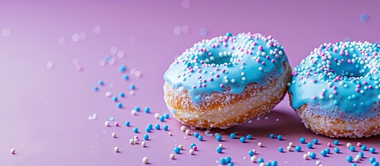 Poster - Close-up view of two appetizing donuts adorned with blue and white icing and sprinkles, isolated on a purple backdrop. Illustrating dessert ideas, with available copy space image.
