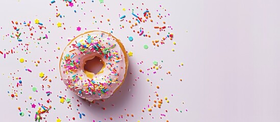 Poster - A bird's eye view of a donut topped with vibrant sprinkles displayed on a blank white backdrop, perfect for adding text in the copy space image.