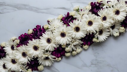 Wall Mural - Flowers composition white and purple flowers on marble background flat lay top view