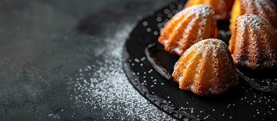 Poster - Mini madeleine cakes with vanilla bean and icing sugar on a black slate plate with copy space image.
