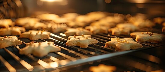 Poster - Sugar cookies in the oven being baked, displayed in a close-up shot with shallow depth of field, ideal for a copy space image.