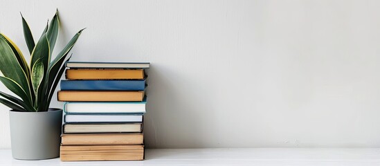 Poster - Books stacked neatly on a white table with ample copy space image.