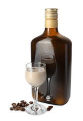 Canvas Print - Coffee cream liqueur in bottle, glass and beans isolated on white