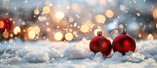 Poster - A festive Christmas decoration featuring balls in the snow with a blurred background of twinkling holiday lights, perfect for a greeting card with copy space image.