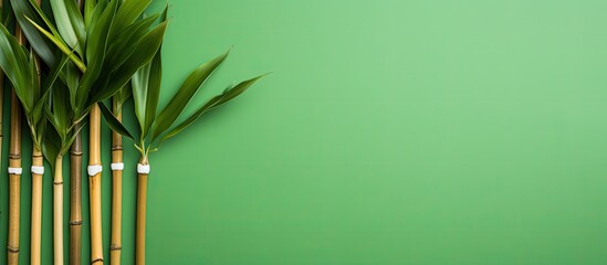 Sticker - Holding bamboo toothbrushes against a green backdrop with available copy space image, emphasizing dental care concept.