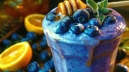 Wall Mural -   Blueberry-orange honey smoothie on table with sliced lemons