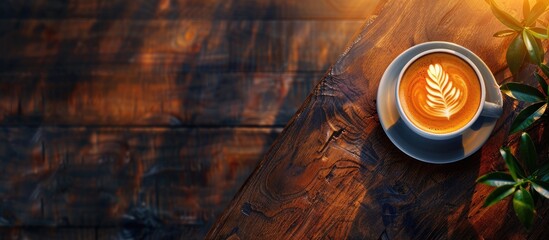 Aufkleber - Enjoy a freshly brewed coffee with lovely latte art on a wooden table in a cafe setting, perfect for a coffee break with recreation and relaxation, surrounded by a copy space image.