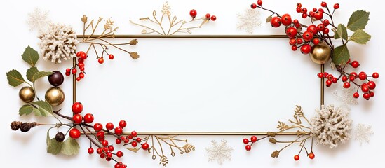 Poster - A holiday-themed arrangement featuring a frame, branches, and New Year decorations on a white background, viewed from the top with space for text or images.