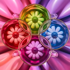 Wall Mural - Four identical glass cups red green blue purple spring flowers on a pink background close up