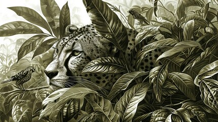 Canvas Print -   A monochromatic image of a cheetah and a bird amidst a dense plantation adorned with foliage