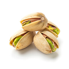 A close-up of tasty pistachios, isolated on a white background