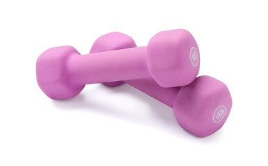 Wall Mural - Violet dumbbells isolated on white. Sports equipment