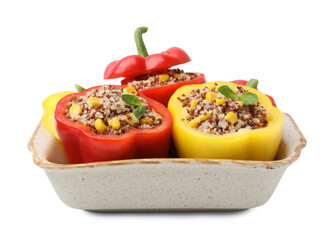 Sticker - Quinoa stuffed bell peppers and basil in baking dish isolated on white