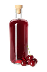 Sticker - Delicious cherry liqueur in bottle and berries isolated on white