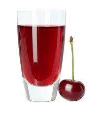 Wall Mural - Delicious cherry liqueur in shot glass and berry isolated on white