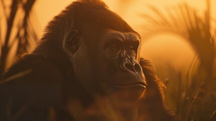 Close-up of a gorilla in a tropical environment with warm colors and a dreamlike effect. A gorilla among green foliage under dramatic lighting.