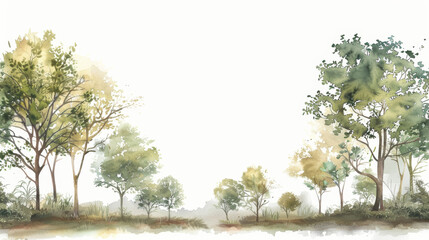 watercolor background with copy space. backdrop with green trees