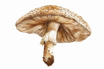 A highly detailed illustration of a single mushroom, showcasing its intricate gills and dew-kissed cap. The image highlights the beauty of nature's tiny wonders.