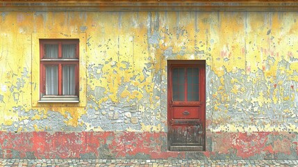 Wall Mural -  A colorful building with a red door and windows, standing on a brick sidewalk