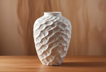 A white ceramic vase with a wavy, textured surface on a wooden surface against a blurred brown background