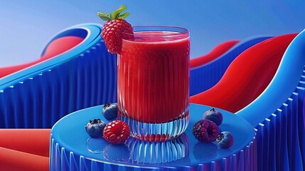 Wall Mural -   A blueberry and raspberry smoothie in a blue-red glass on a blue-red background with raspberries