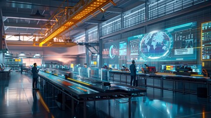 A business tech illustration featuring a futuristic control room